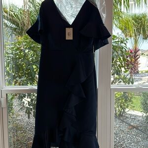 Stunning size 14 unaltered NWT camilyn beth Rhodes dress. navy satin tee length